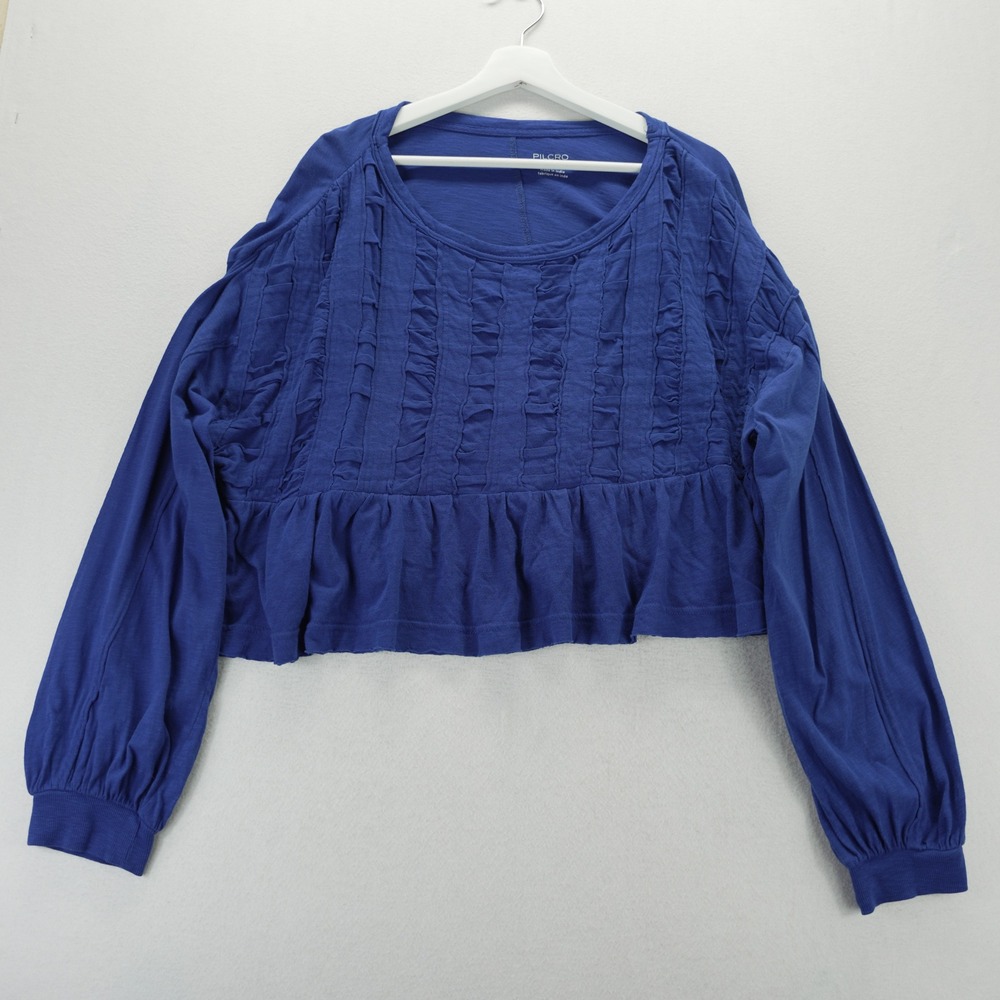 Pilcro Anthropologie Textured Babydoll Top Blue Pintuck Ruffle Peplum Cropped L